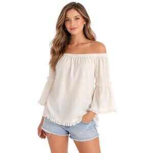 Pink Lily Ivory Off Shoulder Linen Blend Relaxed Fit Top Fringe Bell Sleeve | S